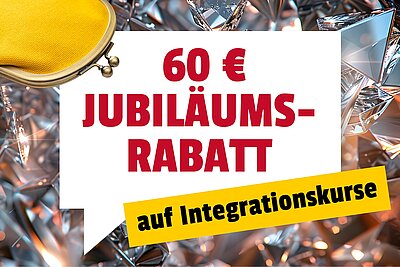 Auf einem diamantenen Hintergrund ist eine weiße Sprechblase mit der roten Aufschrift "60€ Jubiläumsrabatt"; in der oberen linken Ecke ist ein goldener Geldbeutel zu sehen.